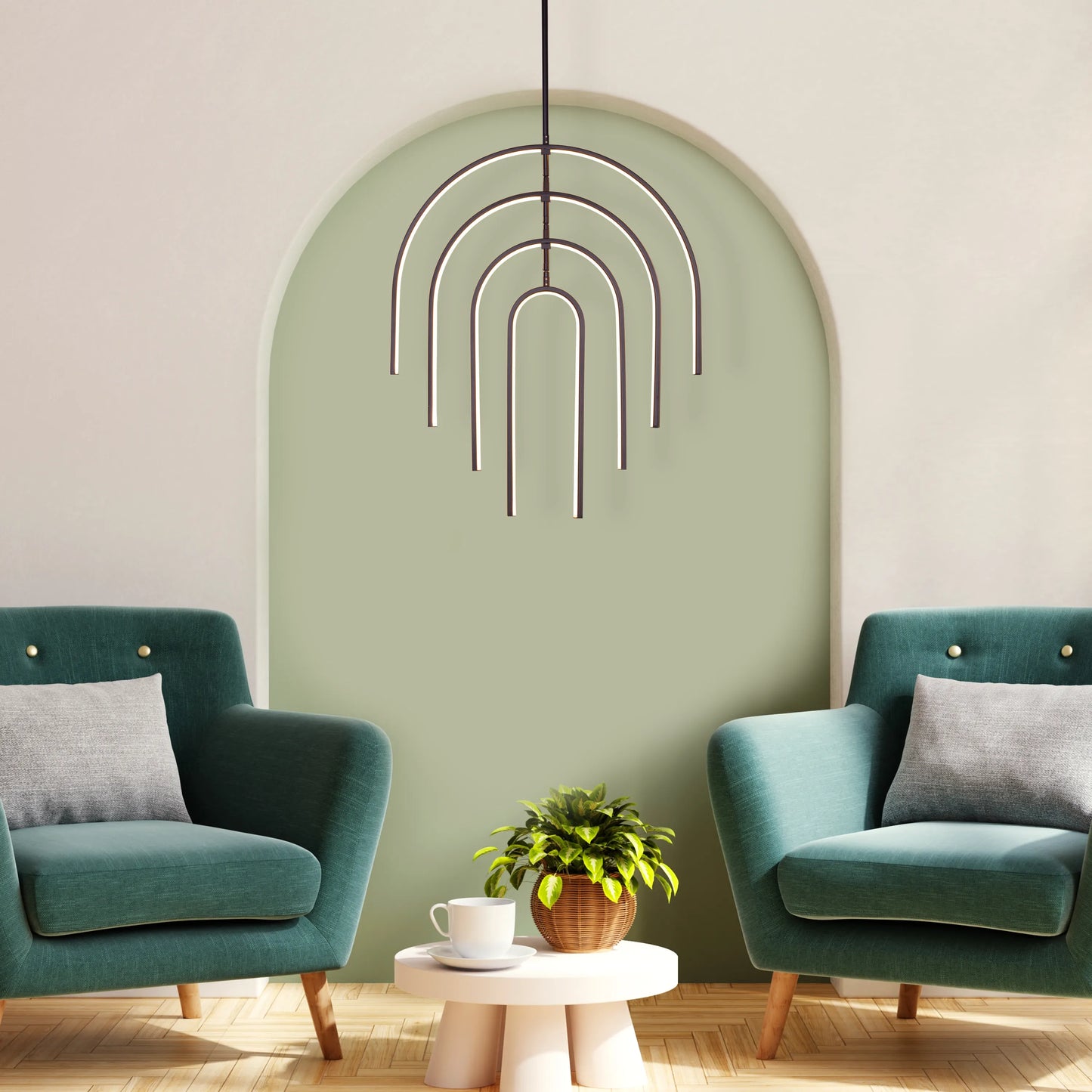 Heatwave Black Chandelier illuminating a room with vibrant amber light, showcasing its unique wave-inspired design