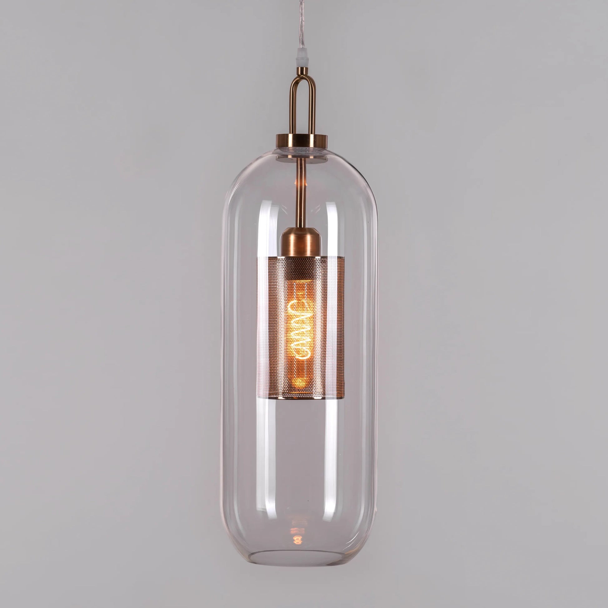 Sophisticated Good To Glow Pendant Light Featuring Long Clear Glass and Gold Finish