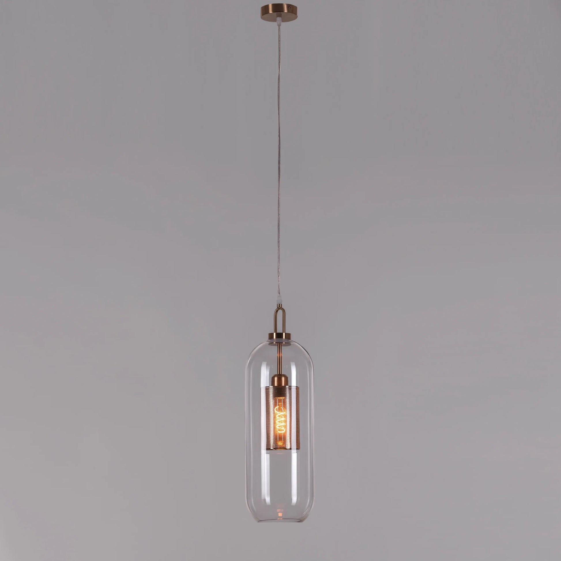 Sophisticated Good To Glow Pendant Light Featuring Long Clear Glass and Gold Finish