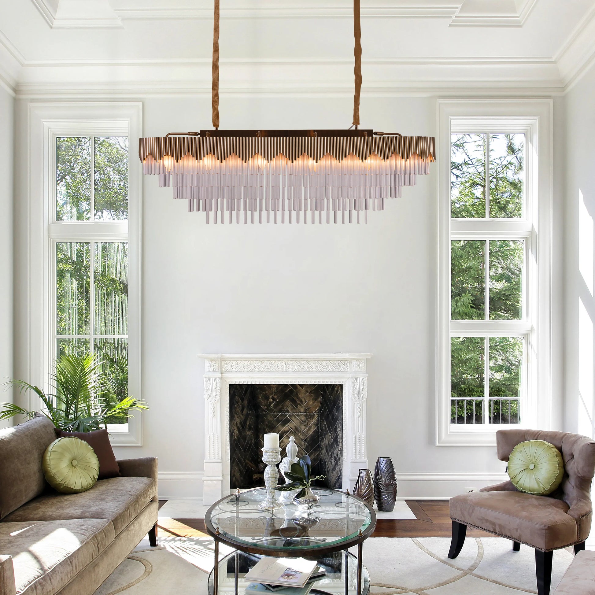 Diamonds Are Forever large oval gold crystal chandelier illuminating a grand ballroom