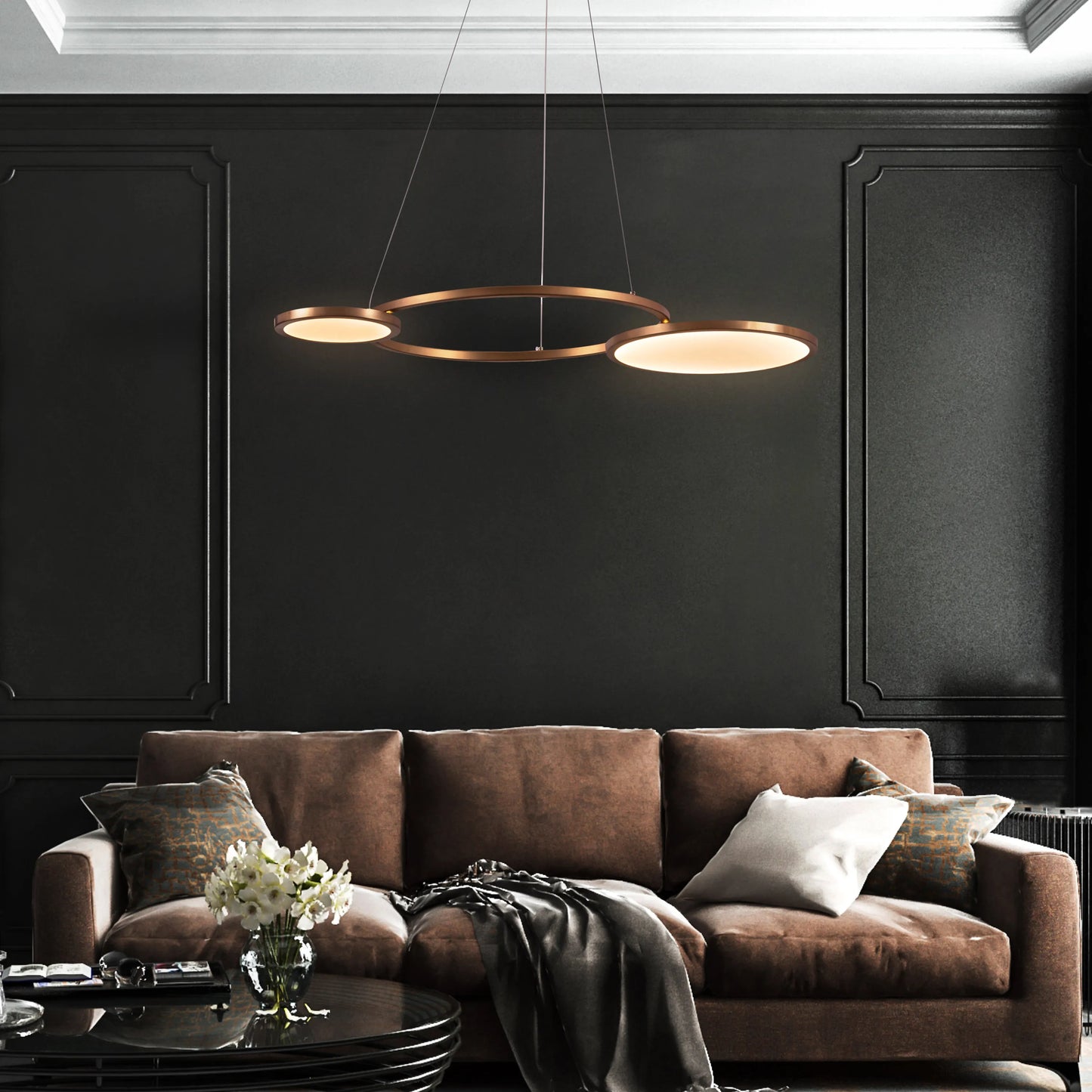 Glow & Hustle Chandelier: A large, gold chandelier with 3-color dimmable LED lighting and remote control.