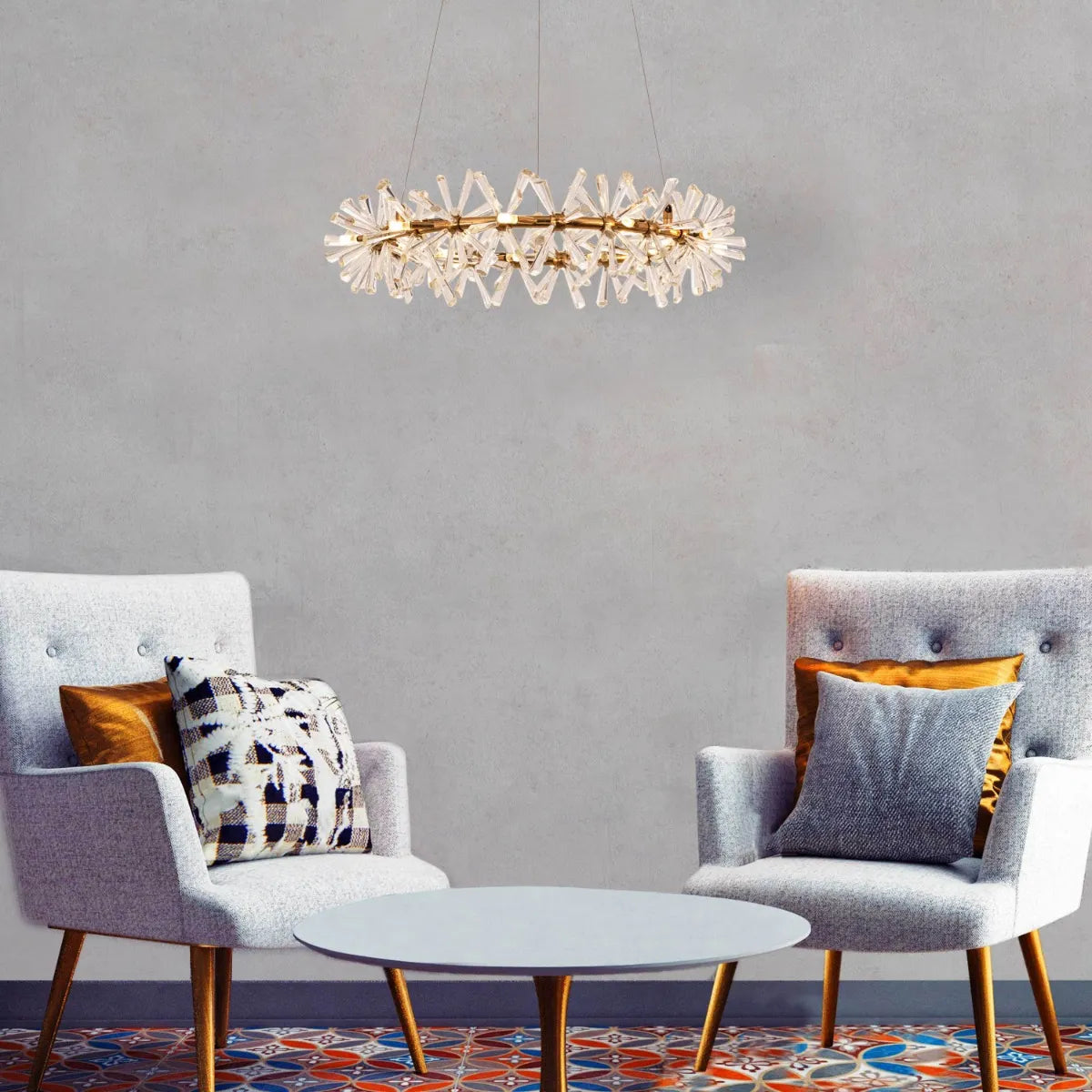 See Me In A Crown crystal chandelier illuminating a grand, formal living room