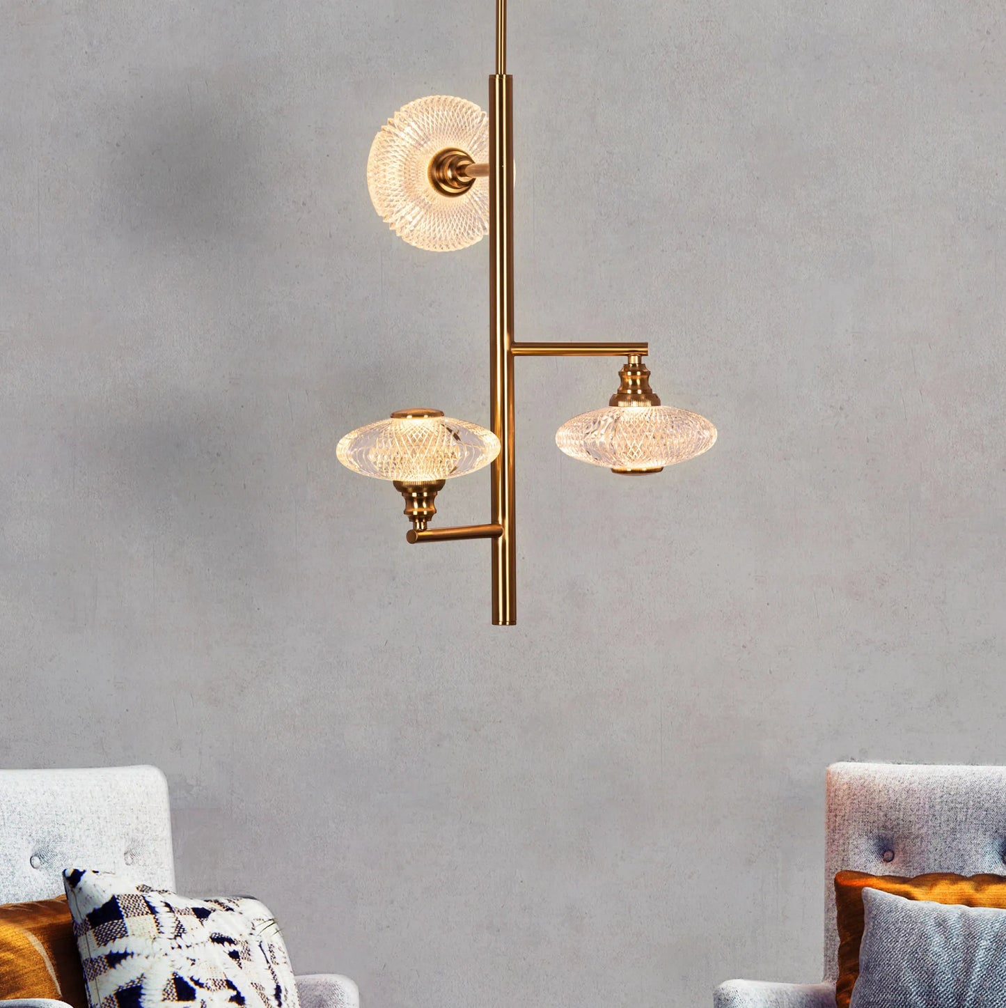 Dream Sequence Chandelier illuminating a luxurious living room with ethereal glow