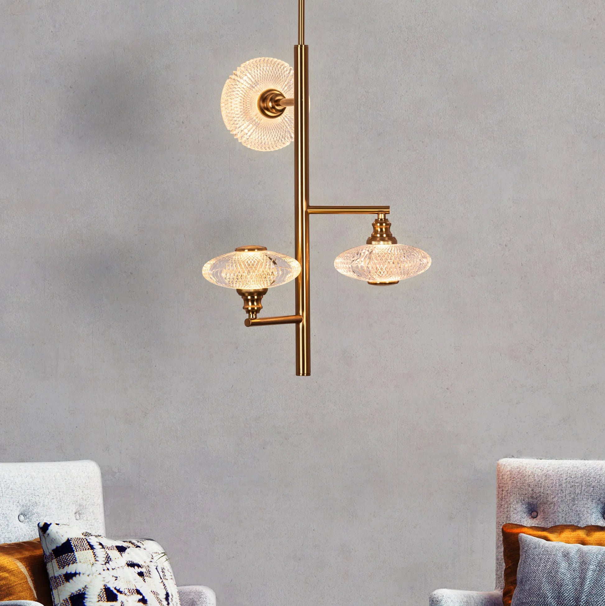 Dream Sequence Chandelier illuminating a luxurious living room with ethereal glow