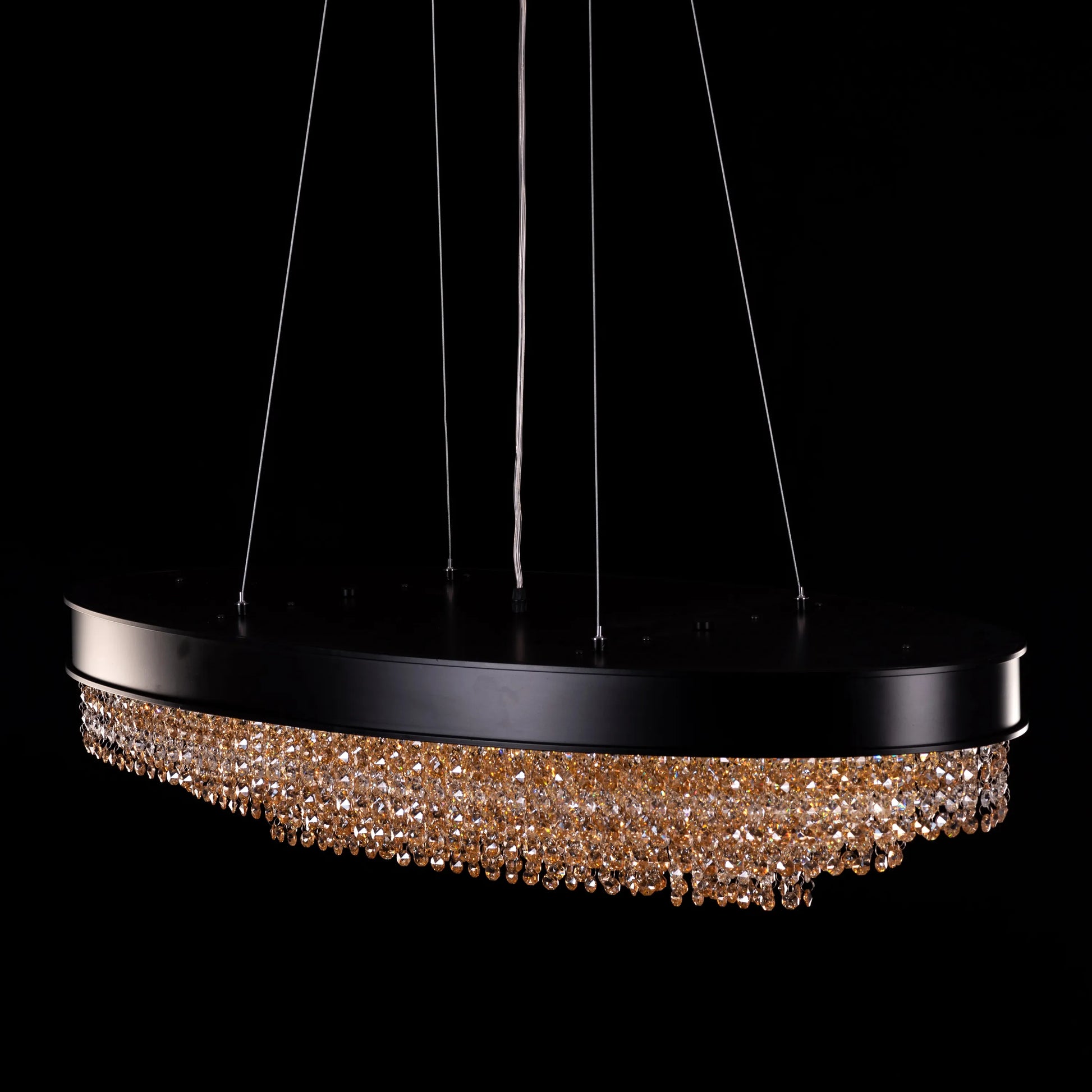 Close-up of Black Tie chandelier's intricate black frame and crystal details