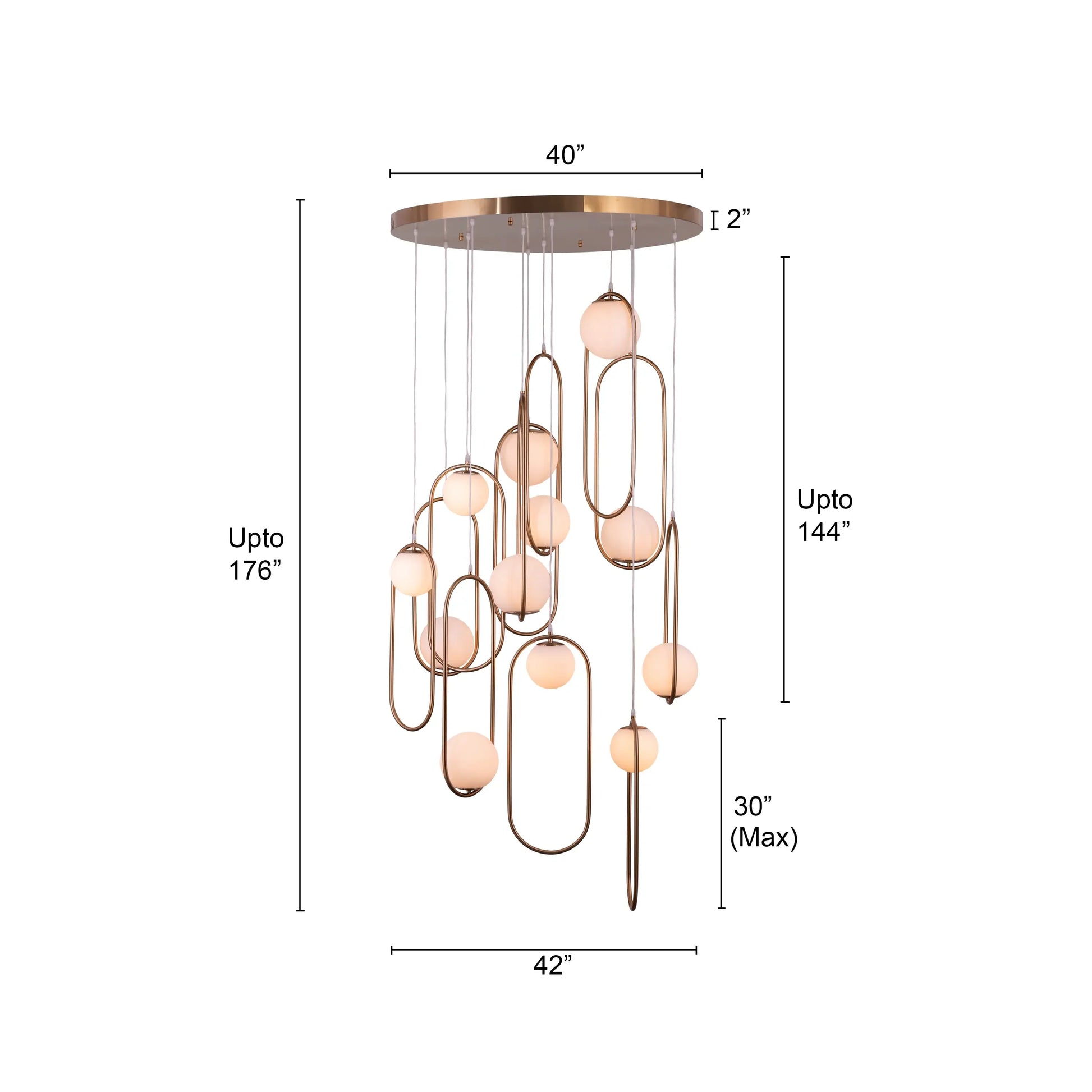 Large gold April In Paris chandelier with double-height design illuminating a luxurious Parisian-inspired living room