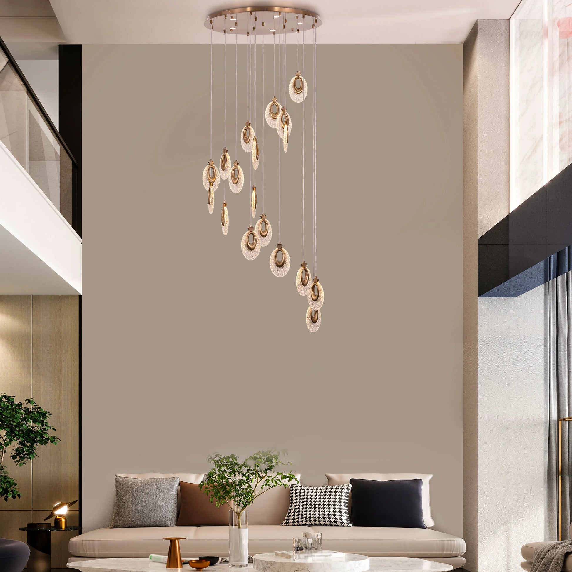 Majestic gold double-height chandelier with LED lighting