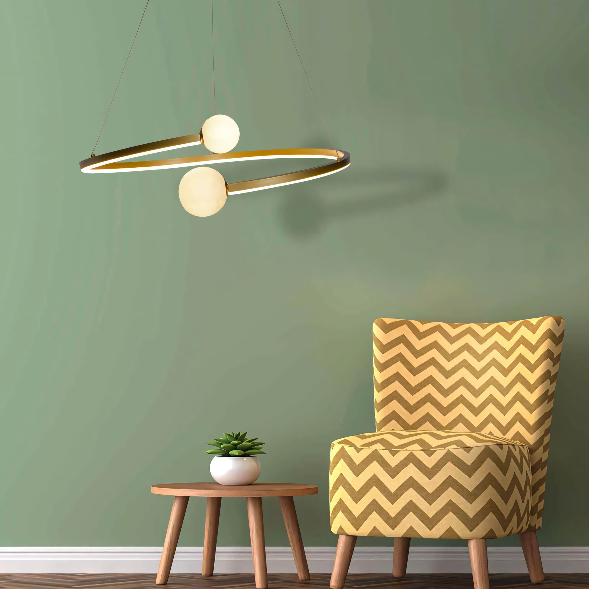 Sleek and modern hanging light with natural rattan accents
