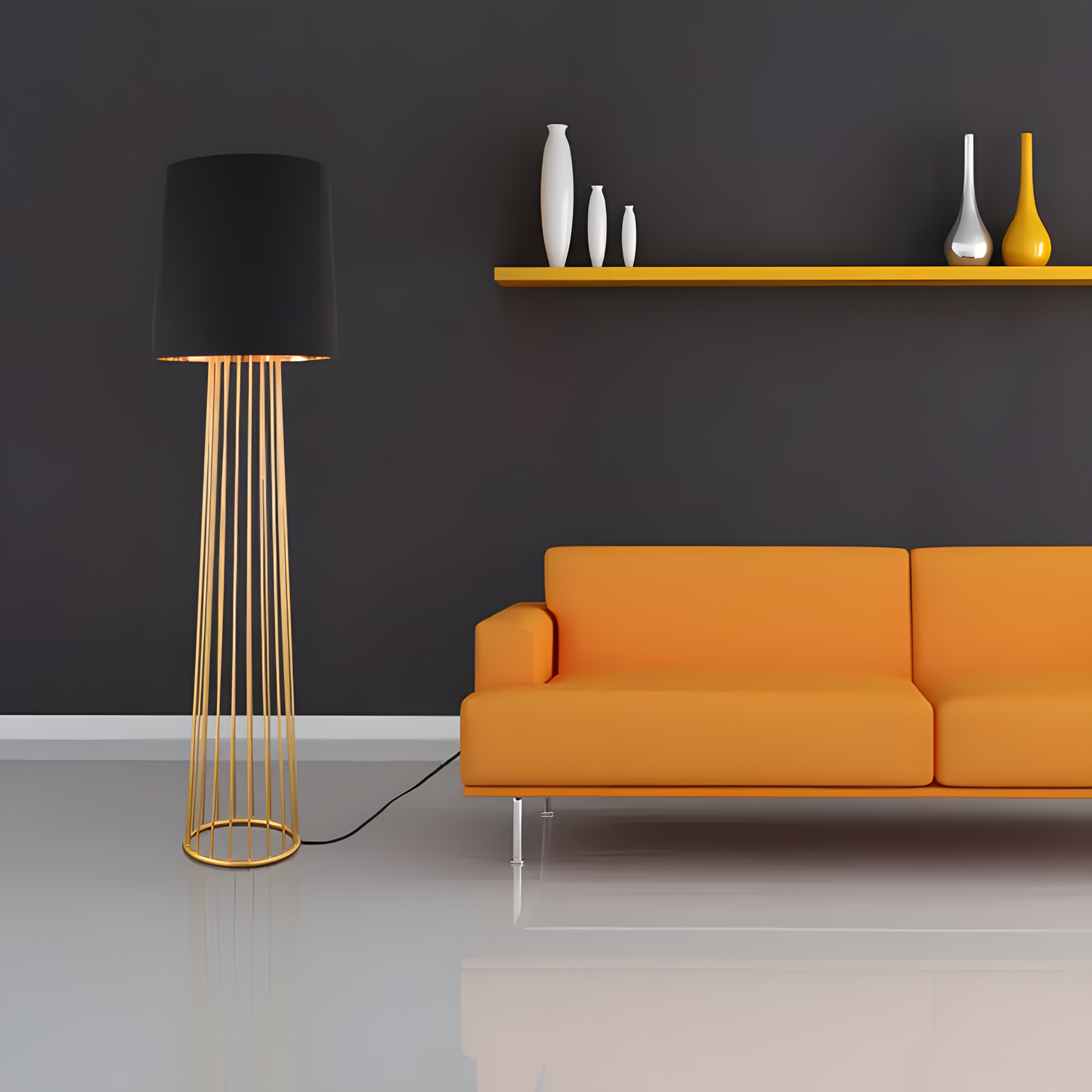 Metallic gold floor lamp with contrasting black and gold shade