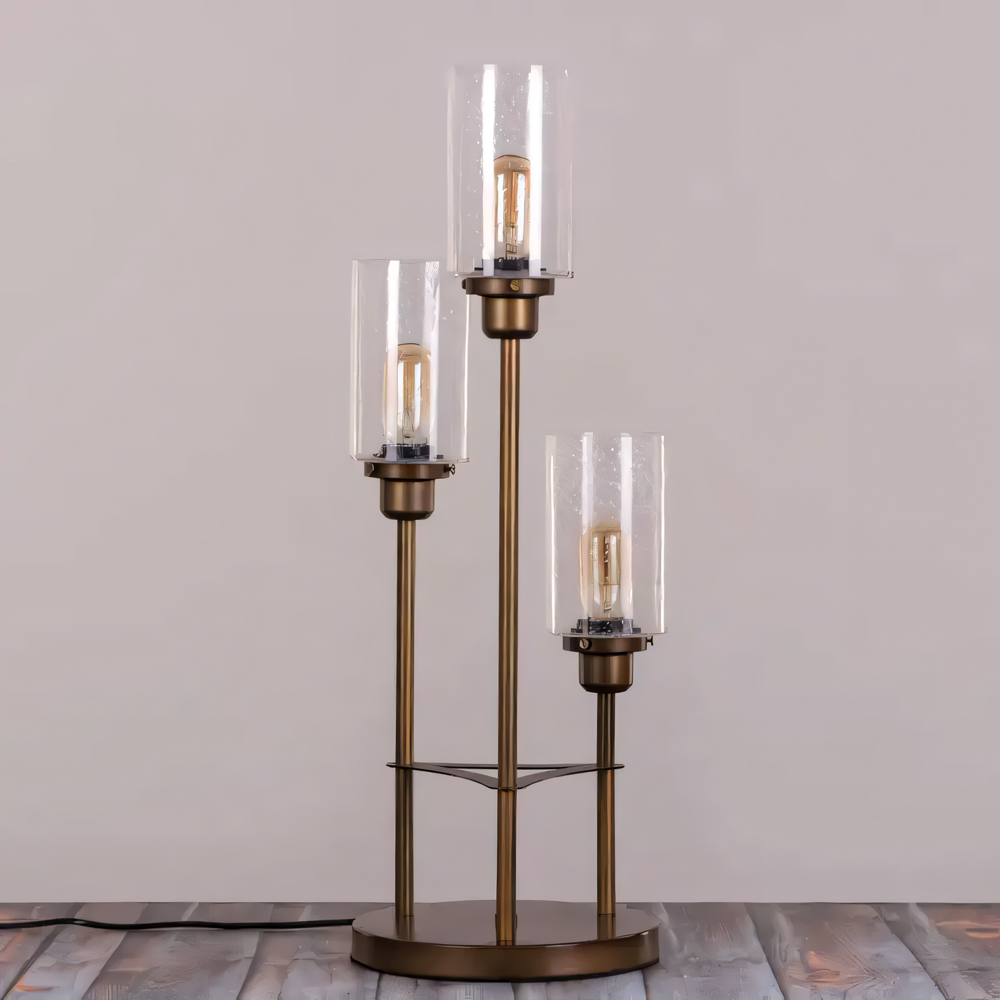 Antique Bronze Iron Table Lamp with Glass Hurricanes