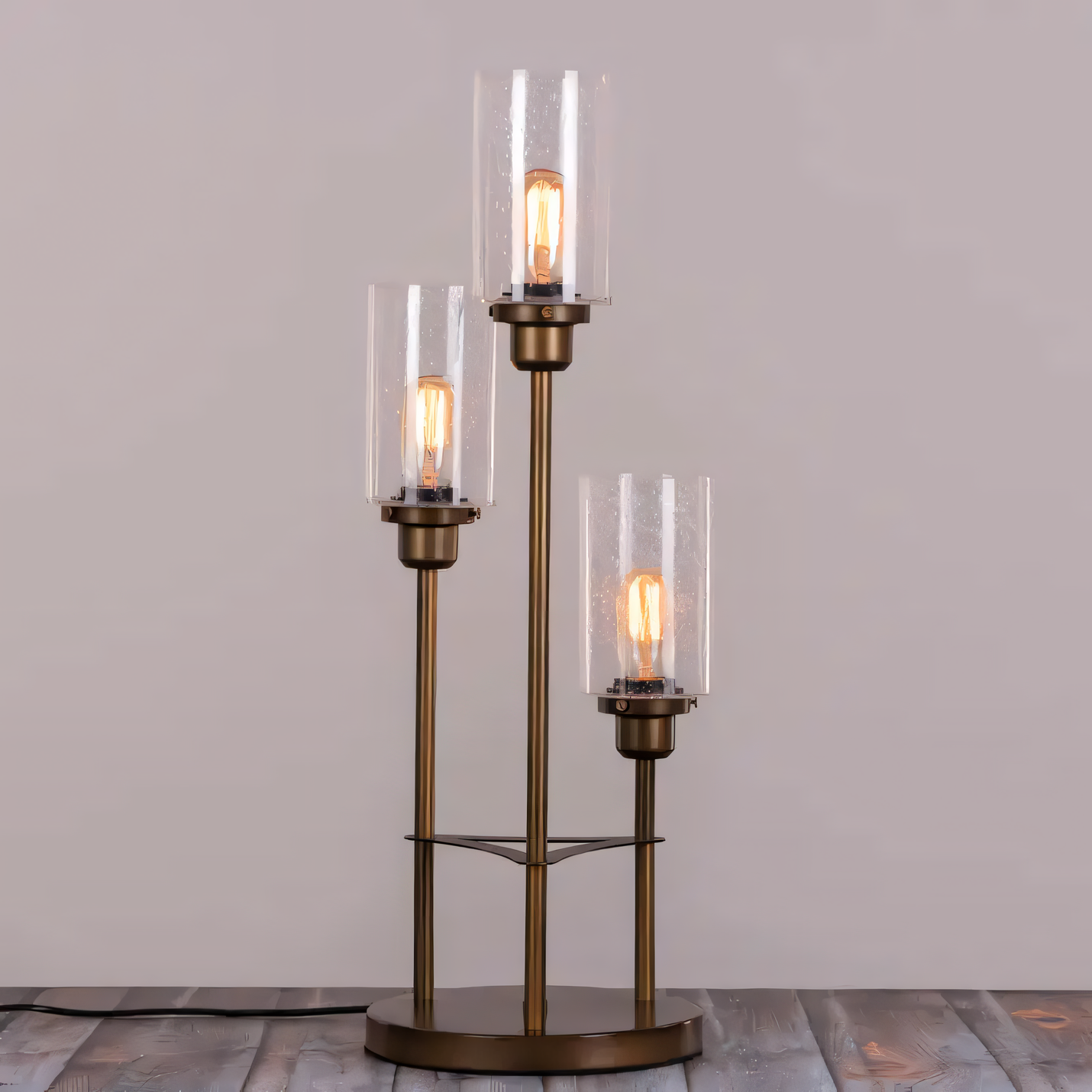 Traditional Bronze Iron Lamp with Glass Hurricane Shades