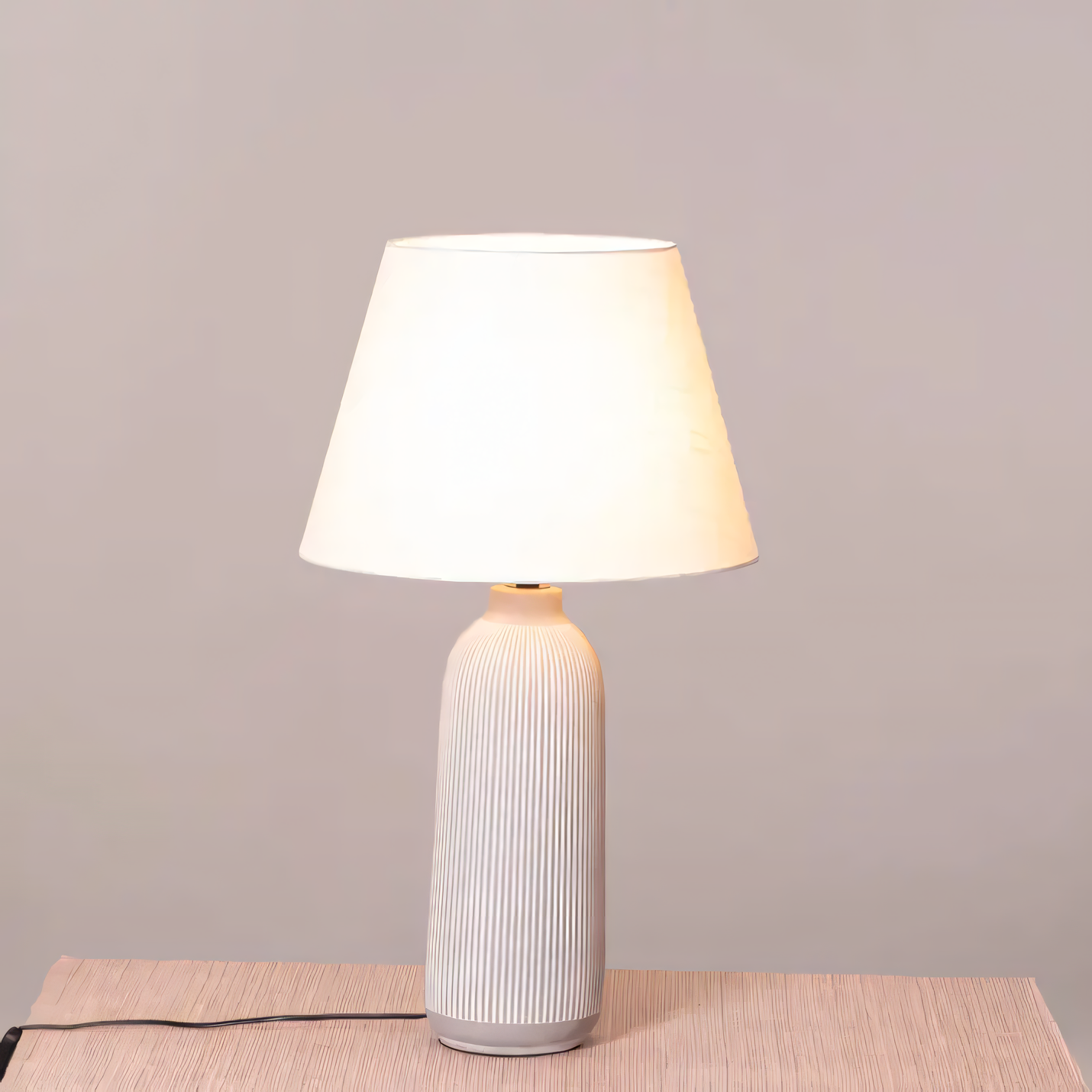 Artisanal White Ceramic Lamp with Fabric Shade