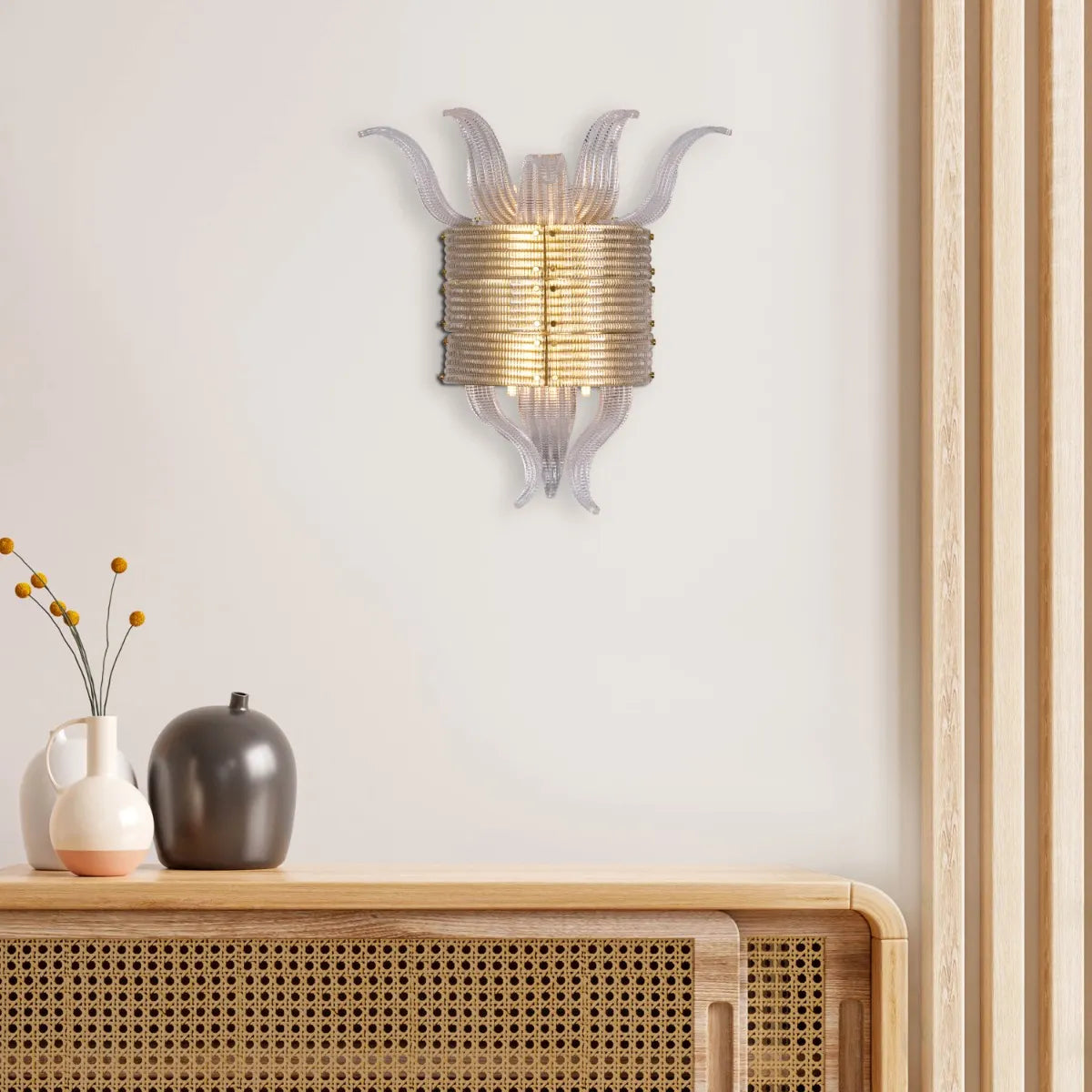Satin Brass Wall Light Fixture - A high-quality, energy-efficient wall light with a minimalist metal frame and a captivating interplay of light and shadow.