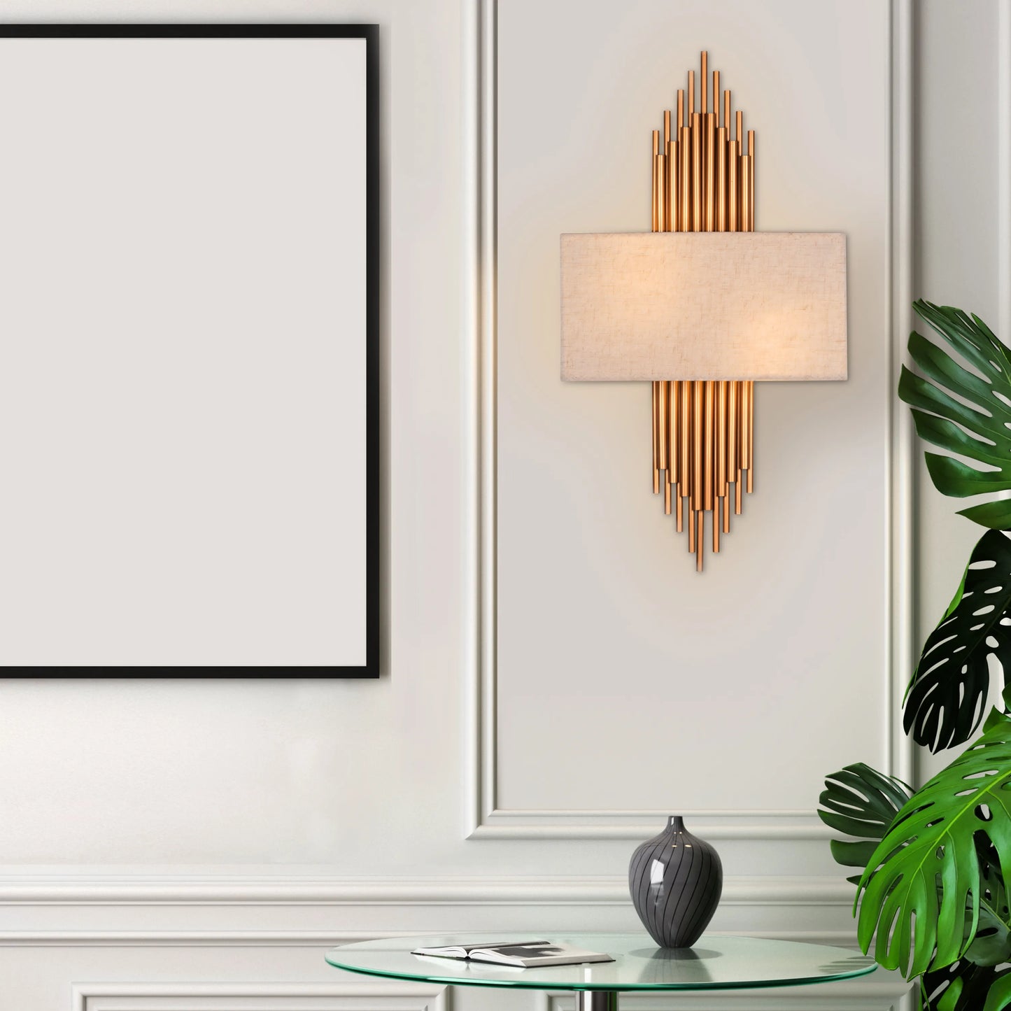 Modern gold and off-white wall light inspired by cityscape design; adds warm ambient lighting and urban elegance to luxury interiors.
