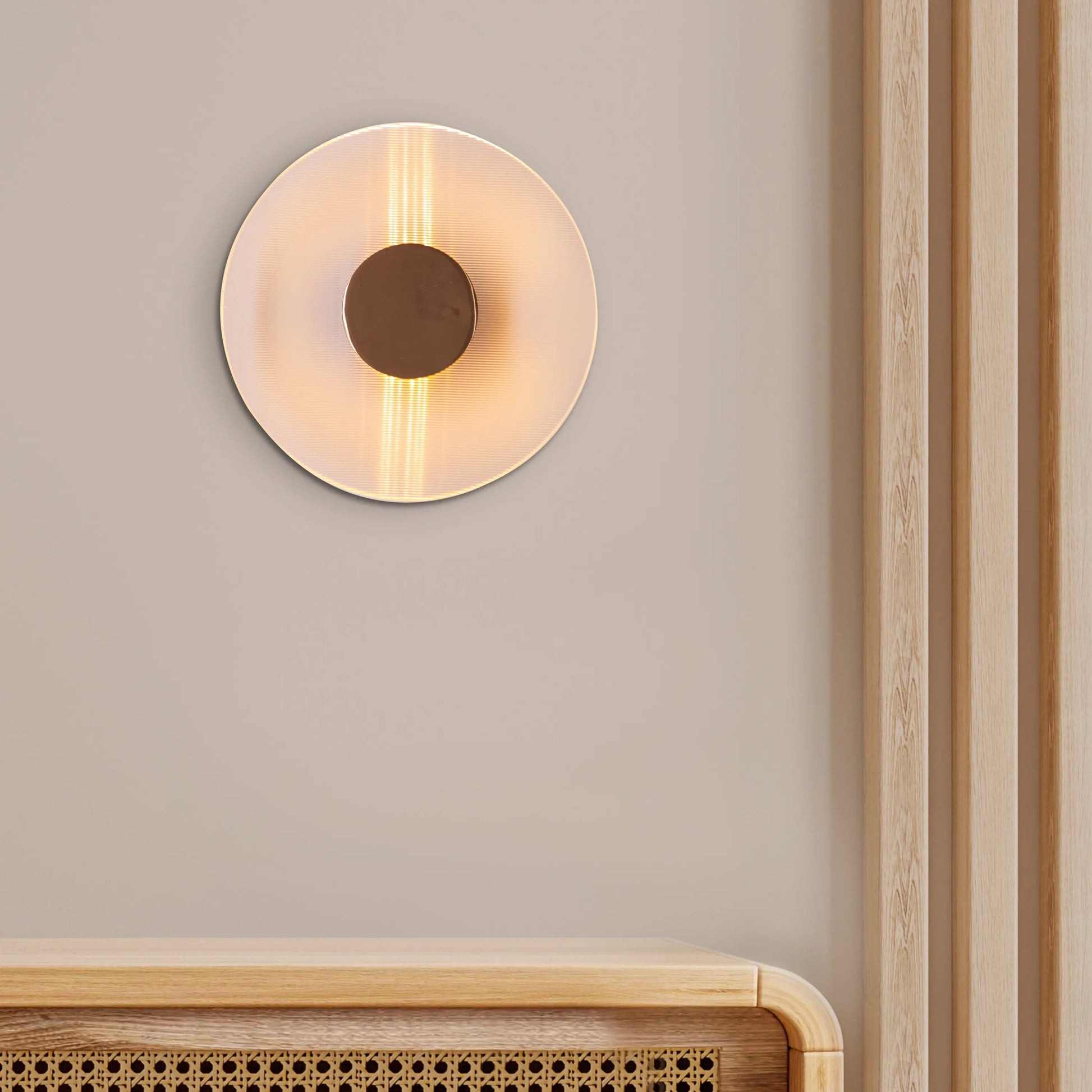 "Read Me Down" 3 Color LED Textured Glass Wall Light - A sleek, modern wall sconce with a textured glass shade that diffuses a dynamic, tri-color LED light.