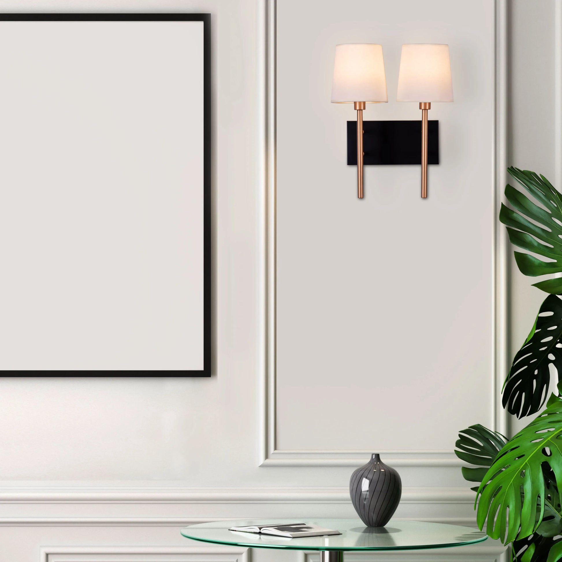 Sophisticated Dream Duo Wall Light featuring dramatic contrast of matte black and polished gold finishes, offering dual-source illumination with precise geometric design and premium metallic detailing