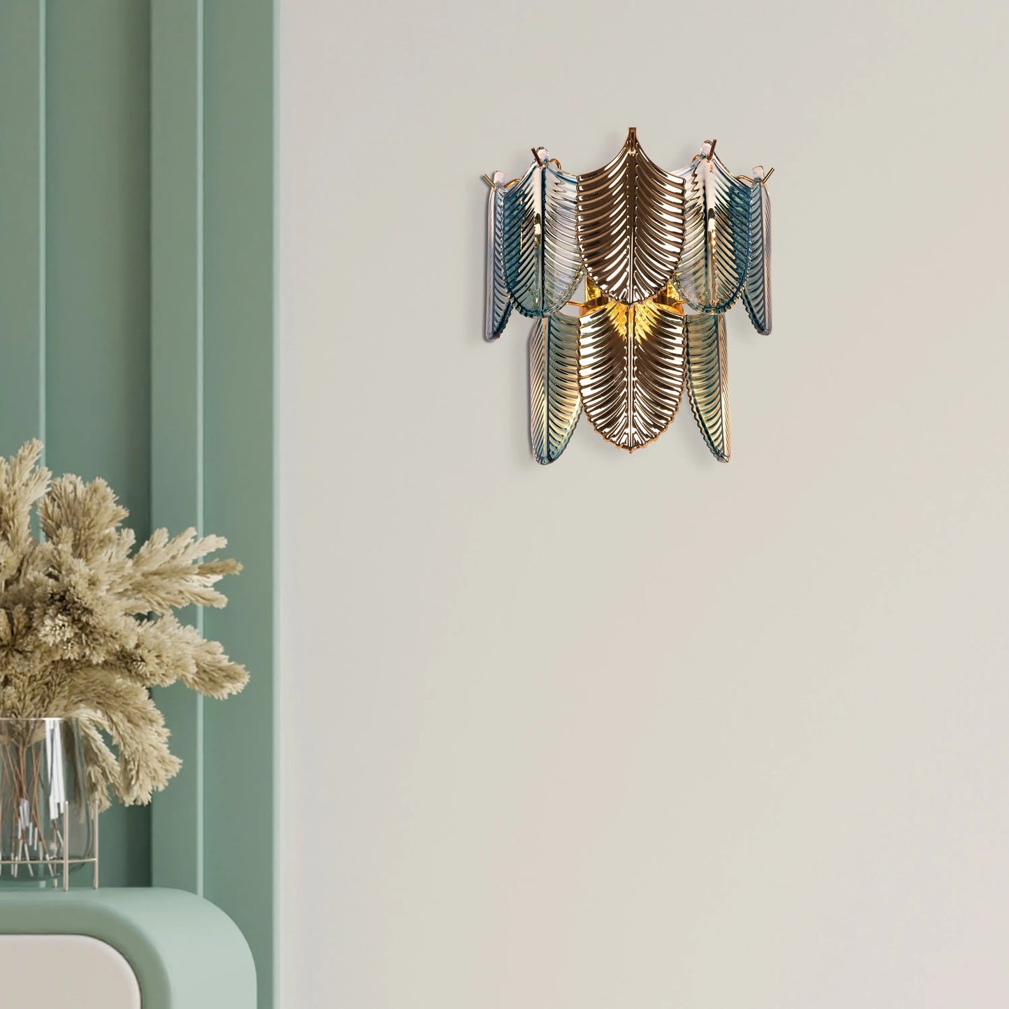 Magic In Milan glass wall light casting a warm glow in a modern living room.