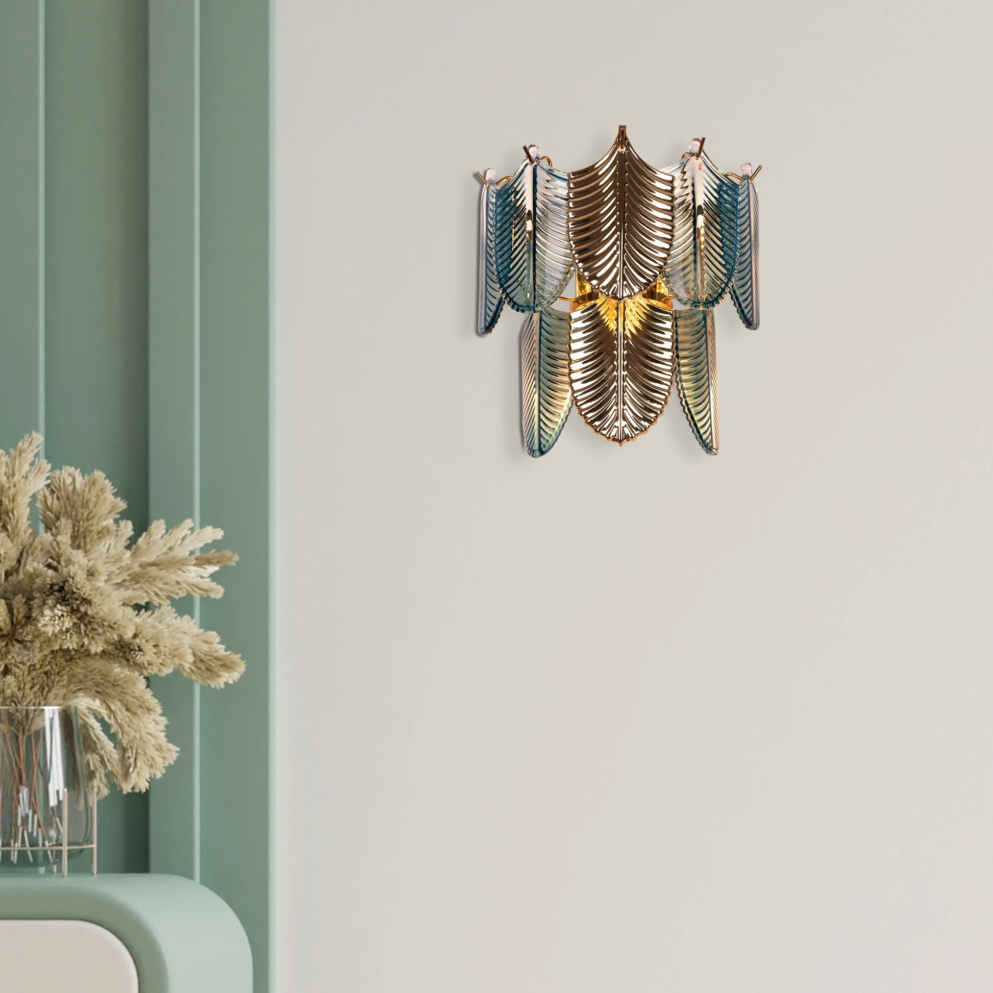 Magic In Milan glass wall light casting a warm glow in a modern living room.