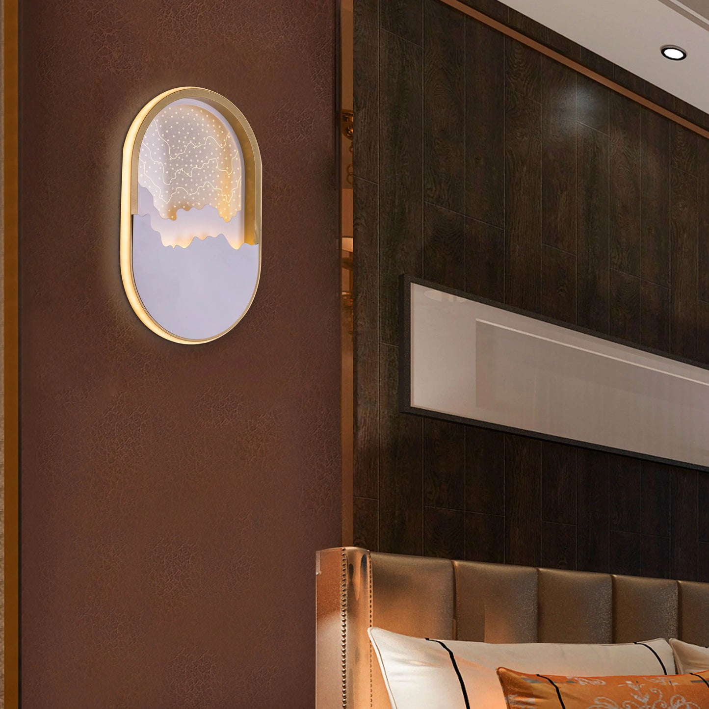 Landscape Mode Wall Light - Serene and tranquil wall lighting fixture featuring a horizontal, rectangular glass diffuser that emits a warm, diffused glow, accentuated by a sleek metal housing.