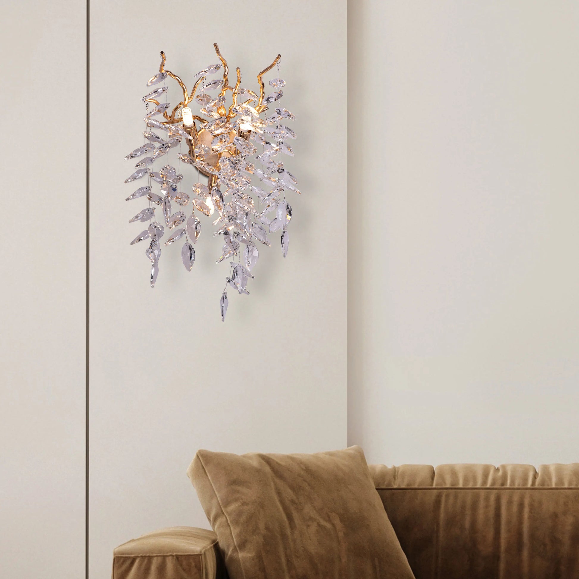 Moral of the Story Crystal Wall Light - Elegant and enlightening wall lighting fixture featuring a beautifully crafted crystal diffuser suspended within a sleek metal frame, creating a mesmerizing play of light and shadow.